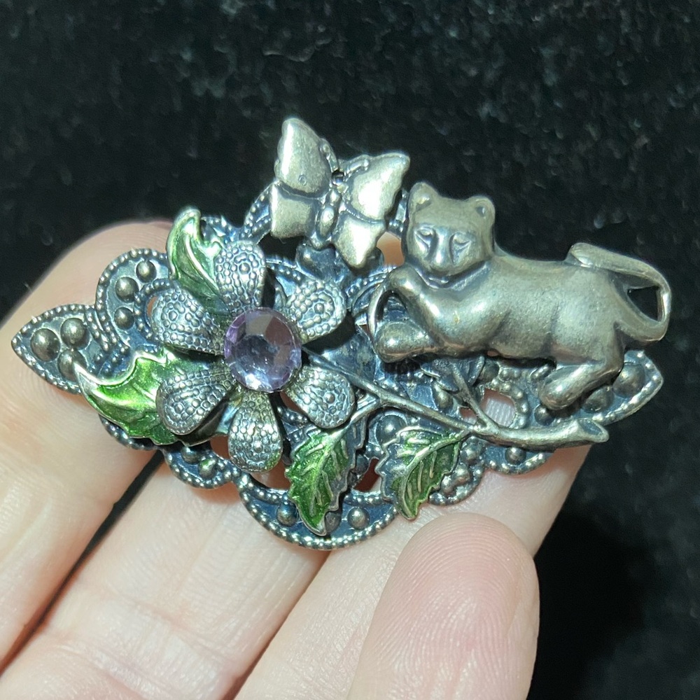 Vintage Sweet Romance Silver Tone Cat Flower Brooch Pin Enamel Purple Rhinestone